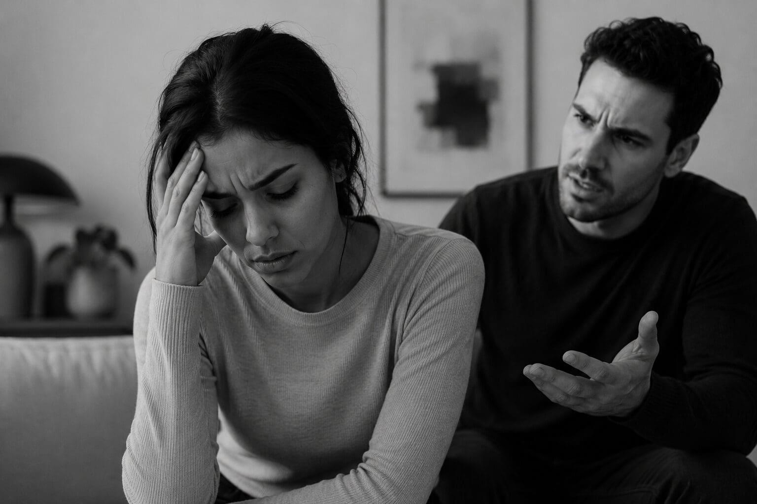 Black-and-white photo of a distressed woman sitting with her head in her hand while a frustrated man gestures during an emotionally tense conversation, illustrating the emotional impact of gaslighting, emotional abuse, toxic relationship dynamics, and psychological manipulation.