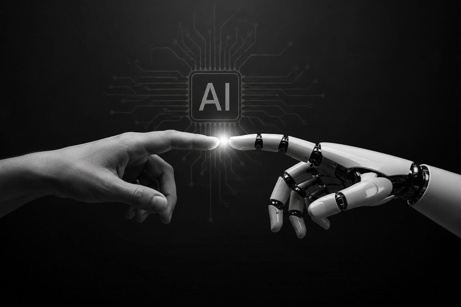 Black-and-white illustration of a human hand reaching toward a robotic hand, symbolizing artificial intelligence (AI), human-AI collaboration, machine learning, automation, digital innovation, and the future of technology.