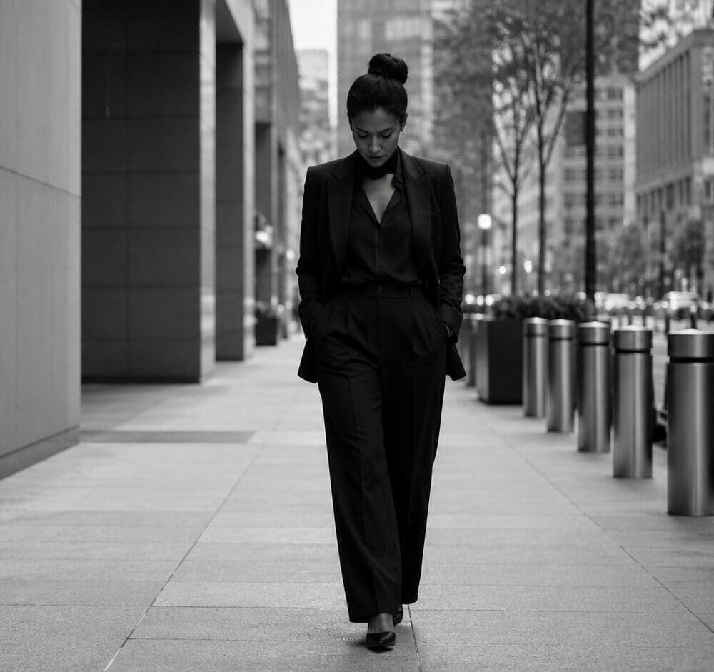 Professional Black woman walking through an urban business district in a black-and-white editorial image representing high-functioning anxiety, workplace burnout, chronic stress, and mental health support for high achievers.